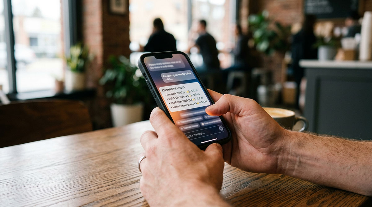 Person reading AI-generated business recommendations on a smartphone in a modern setting