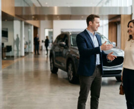 Dealership salesperson genuinely engaged with a customer beside a new vehicle in a modern showroom