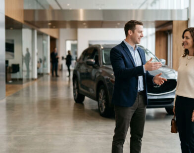 Dealership salesperson genuinely engaged with a customer beside a new vehicle in a modern showroom