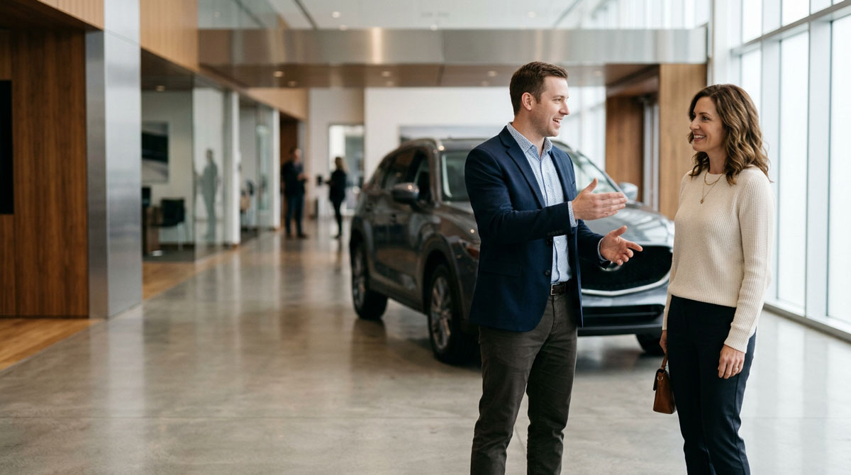 Dealership salesperson genuinely engaged with a customer beside a new vehicle in a modern showroom
