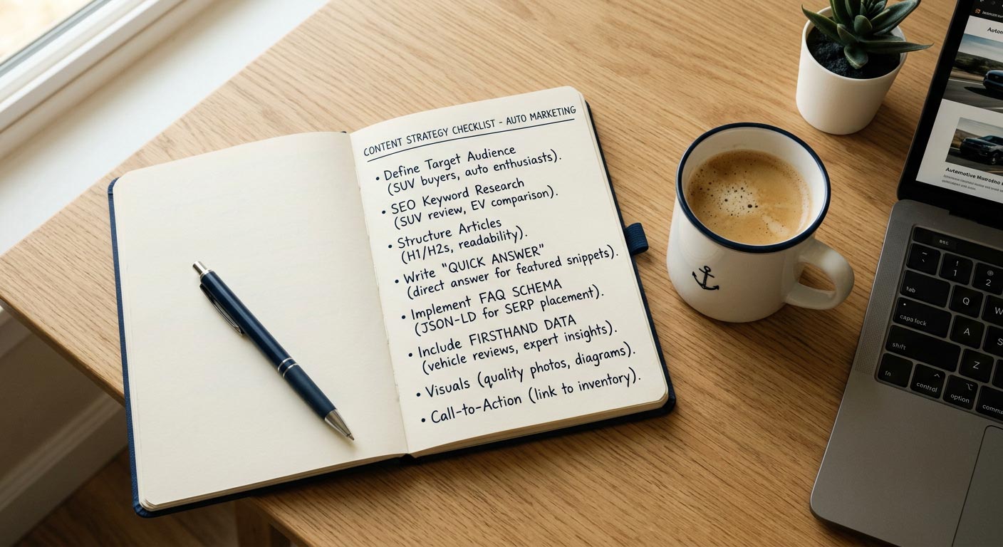 Open notebook with handwritten automotive content strategy checklist items beside a coffee mug and laptop on a desk