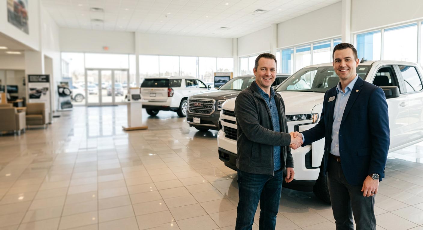 Salesperson and customer shaking hands in a bright modern Chevrolet GMC showroom with new trucks visible in the background
