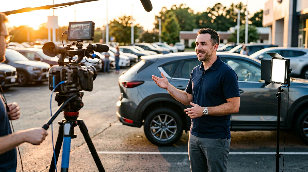 Behind-the-scenes view of a dealership salesperson being filmed for a vehicle walkaround video