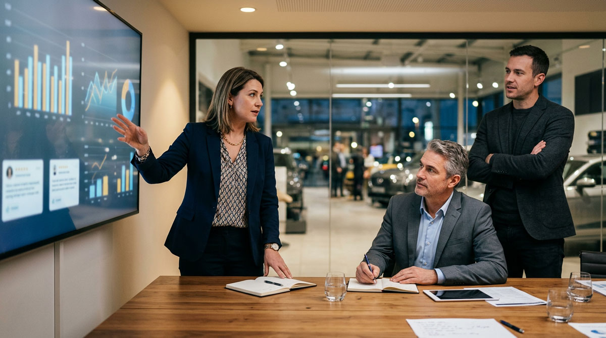 Dealership managers reviewing customer review and analytics data on a screen in a meeting room