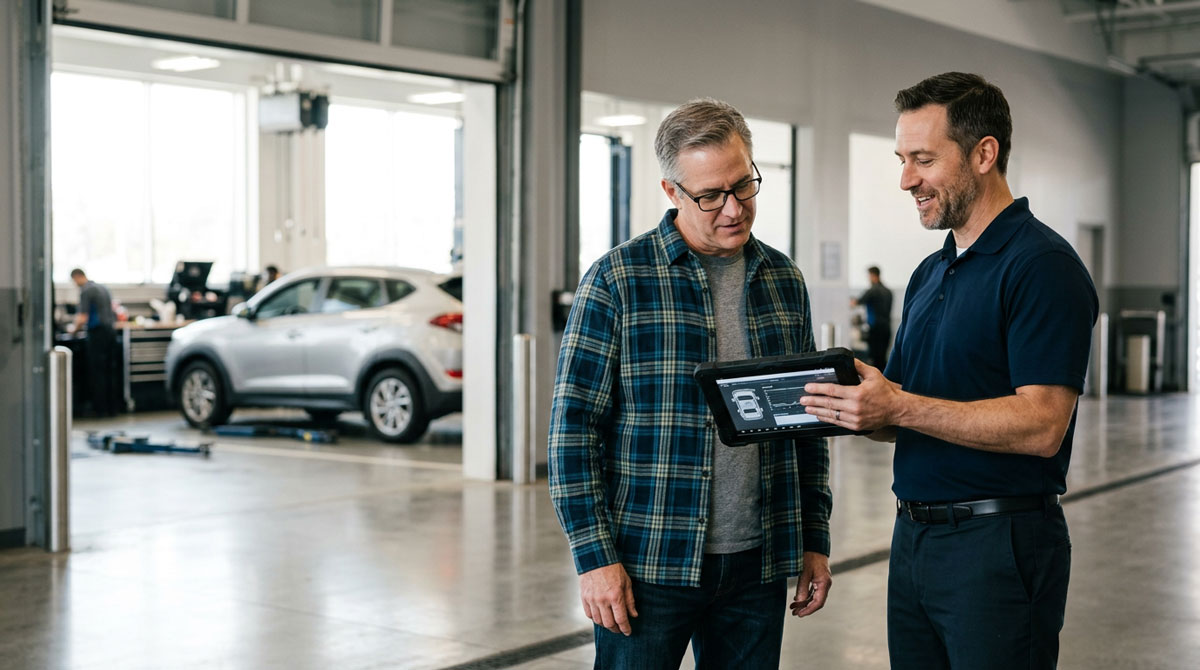 Service advisor showing vehicle service details on a tablet to a customer in the service drive