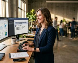 Automotive marketing strategist reviewing AI search analytics and dealership website data on dual monitors