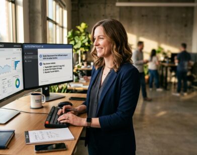 Automotive marketing strategist reviewing AI search analytics and dealership website data on dual monitors