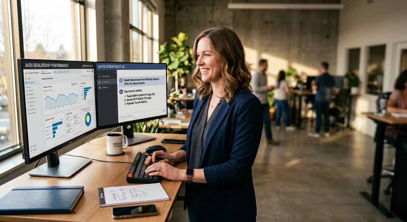 Automotive marketing strategist reviewing AI search analytics and dealership website data on dual monitors