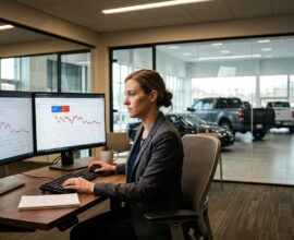 Automotive marketing professional reviewing Google Search Console ranking drops on dual monitors in a car dealership office