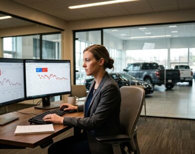 Automotive marketing professional reviewing Google Search Console ranking drops on dual monitors in a car dealership office