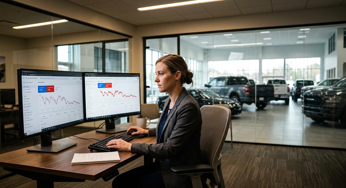 Automotive marketing professional reviewing Google Search Console ranking drops on dual monitors in a car dealership office