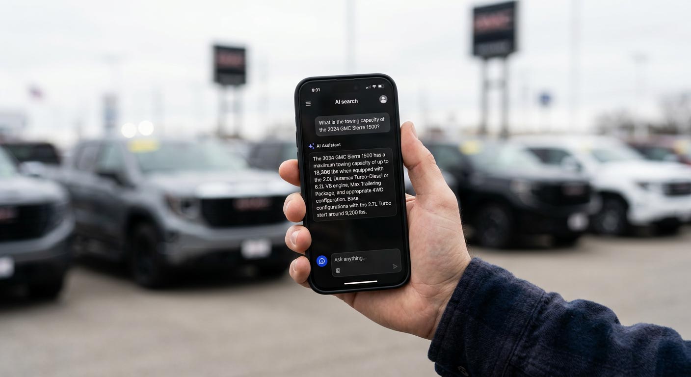 Hand holding smartphone displaying an AI chat response about a GMC Sierra truck with a blurred dealership lot in the background