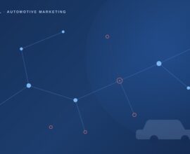 Abstract network diagram showing allowed and blocked AI crawler nodes with a dealership vehicle silhouette, representing Cloudflare's new AI bot rules for automotive SEO
