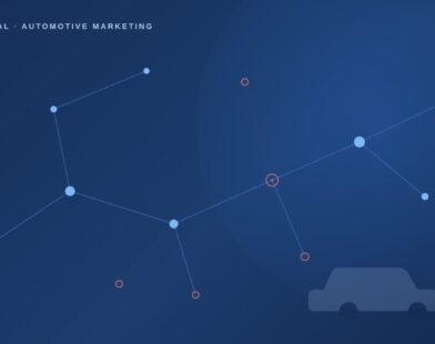 Abstract network diagram showing allowed and blocked AI crawler nodes with a dealership vehicle silhouette, representing Cloudflare's new AI bot rules for automotive SEO